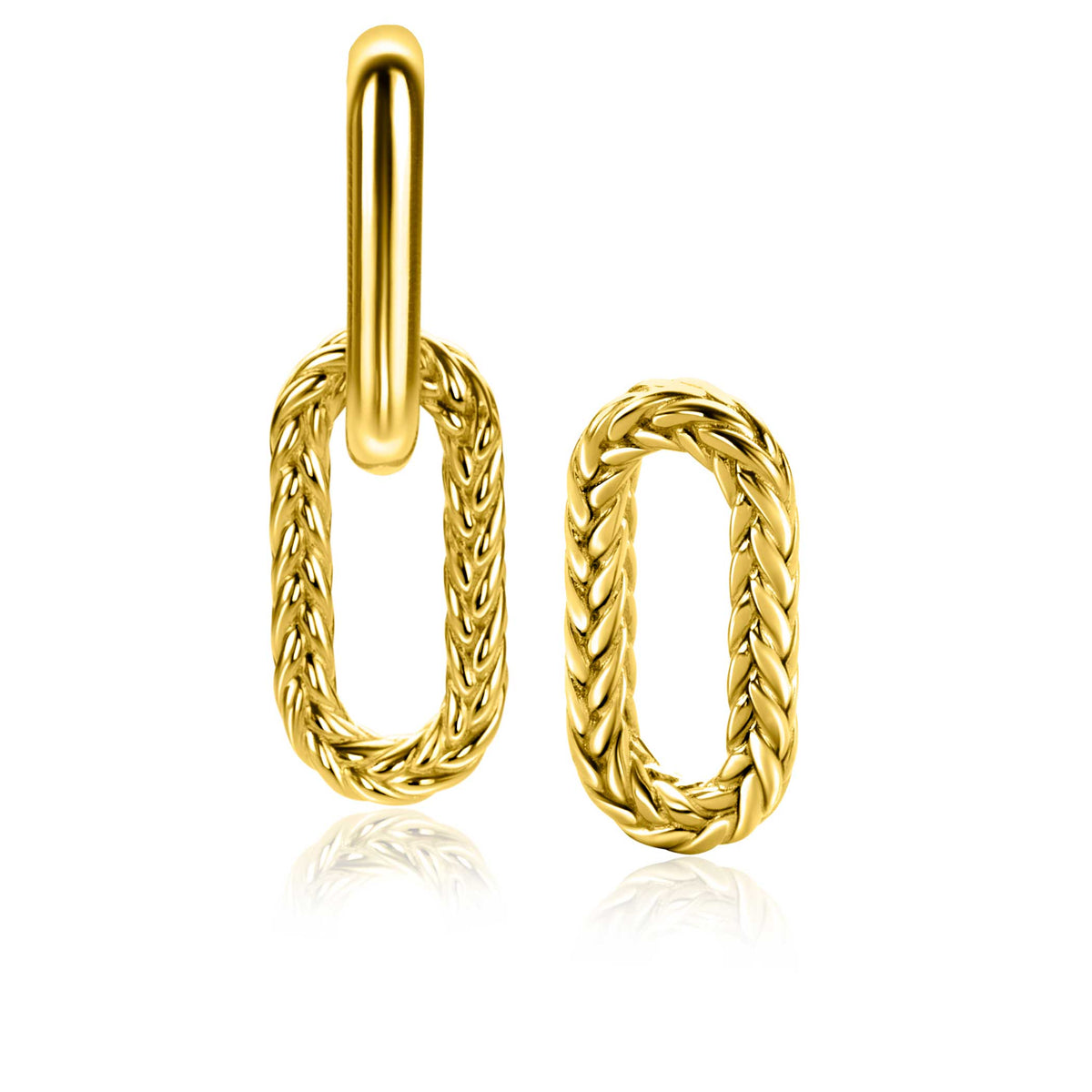 Boucles d'oreilles dorées en forme de maillons, avec une finition tressée.