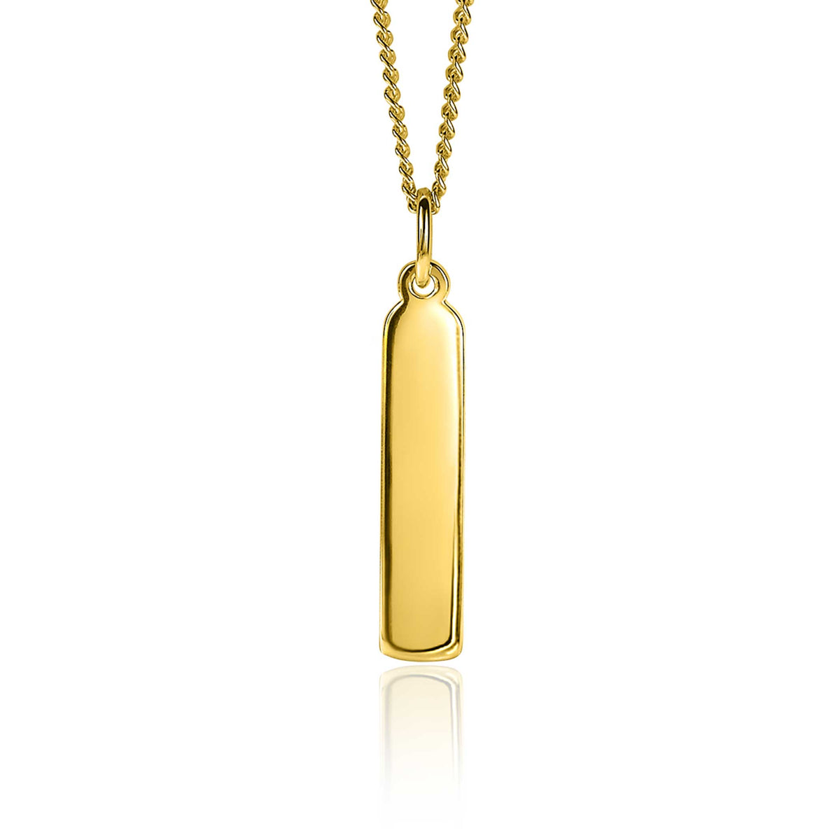 Pendentif doré en forme de barre suspendu à une chaîne délicate.