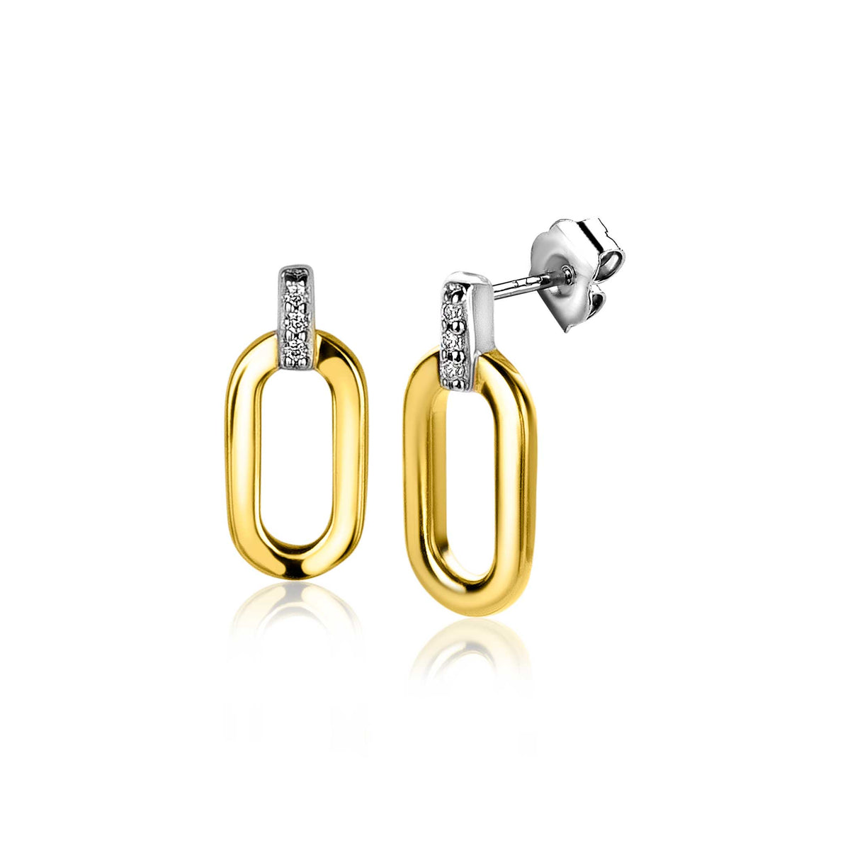 Boucles d'oreilles dorées en forme d'anneau avec un détail en argent et des pierres scintillantes.