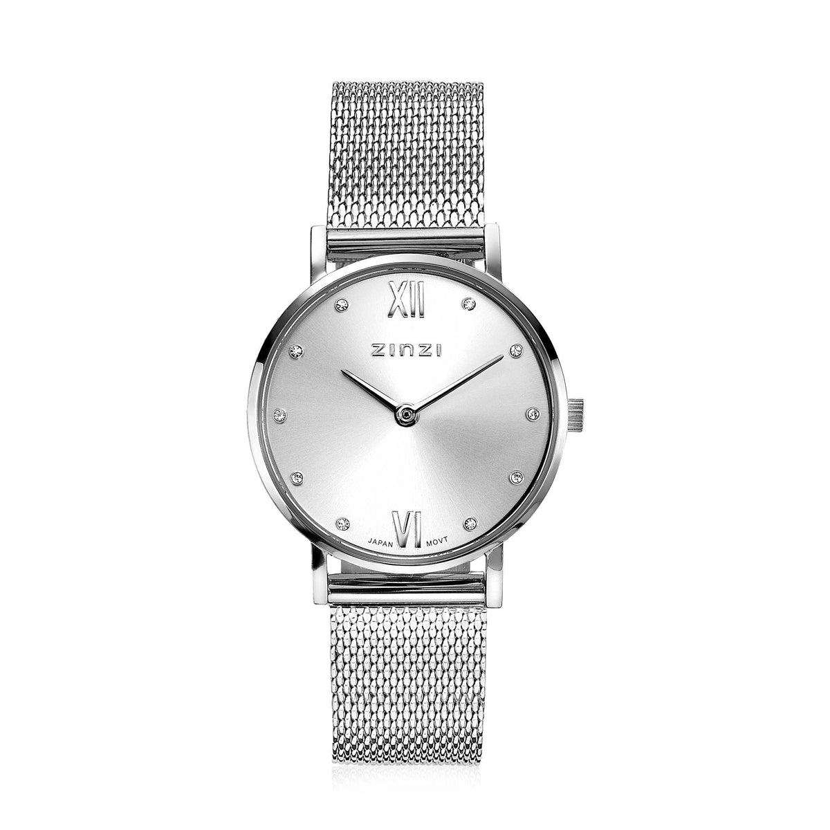 Montre argentée en acier avec un cadran lisse et des chiffres romains, bracelet en maille.