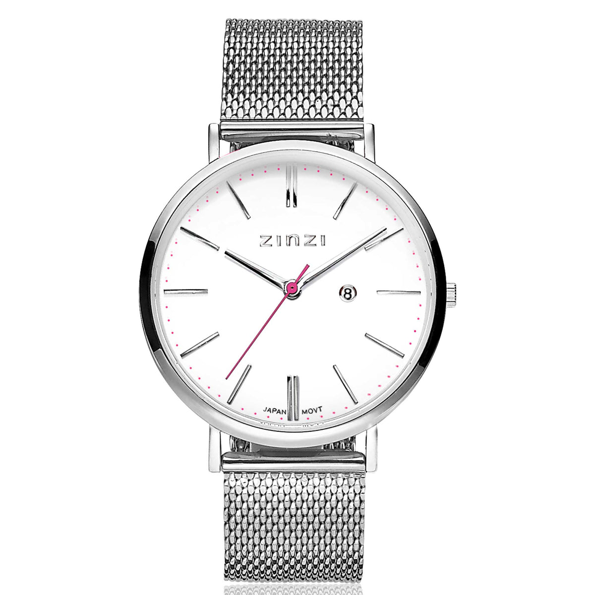 Montre en acier argenté avec un cadran blanc et un bracelet en maille.