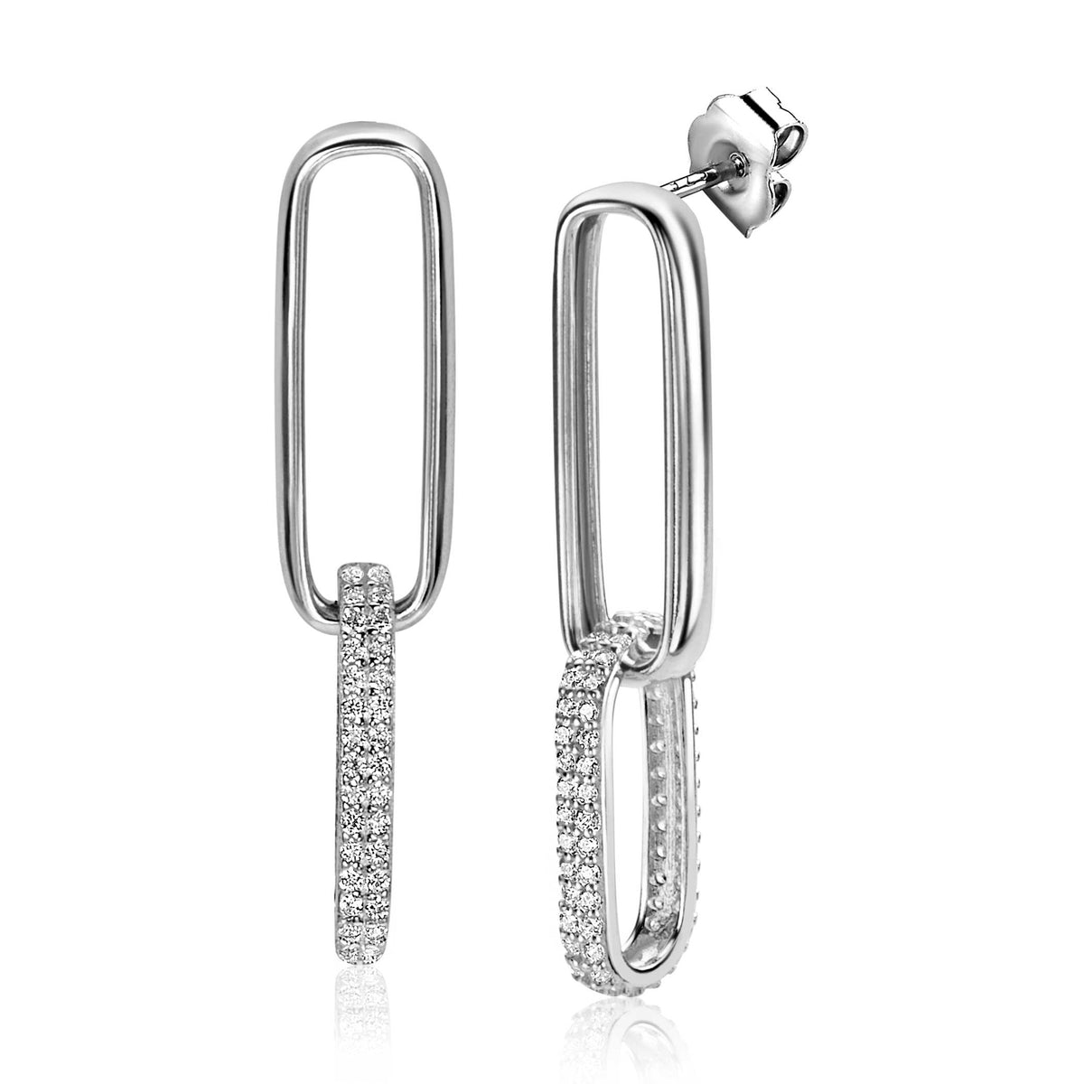 Boucles d'oreilles en argent avec un design rectangulaire et un détail en zirconium.