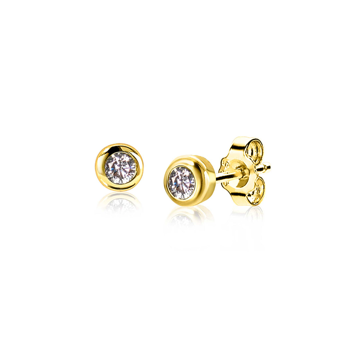 Boucles d'oreilles dorées avec un cristal transparent au centre.