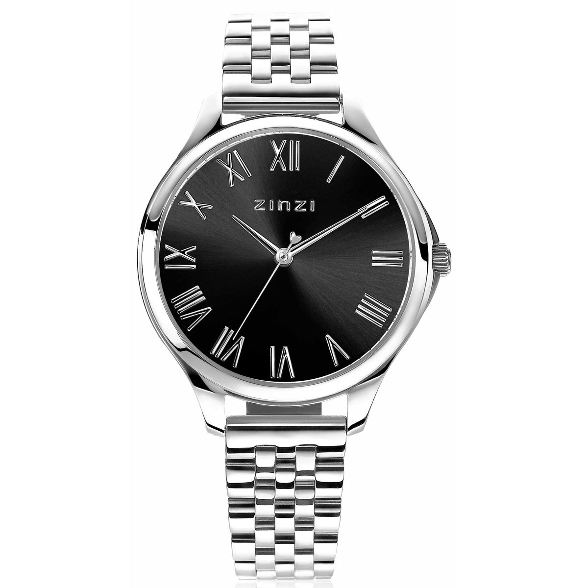 Montre en acier argenté avec cadran noir et chiffres romains, bracelet à maillons.