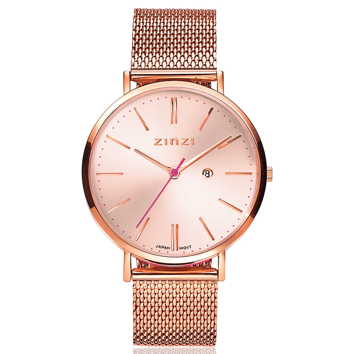 Montre en acier couleur or rose avec un cadran rose et un bracelet en maille.
