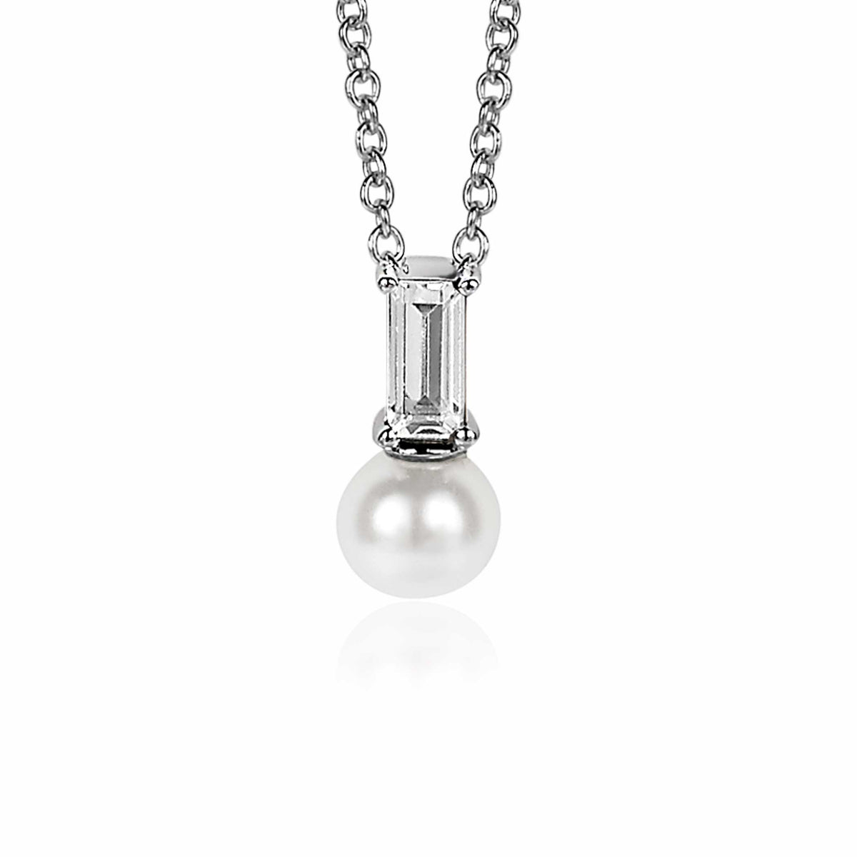 Pendentif en argent avec perle blanche et détail en forme de rectangle.
