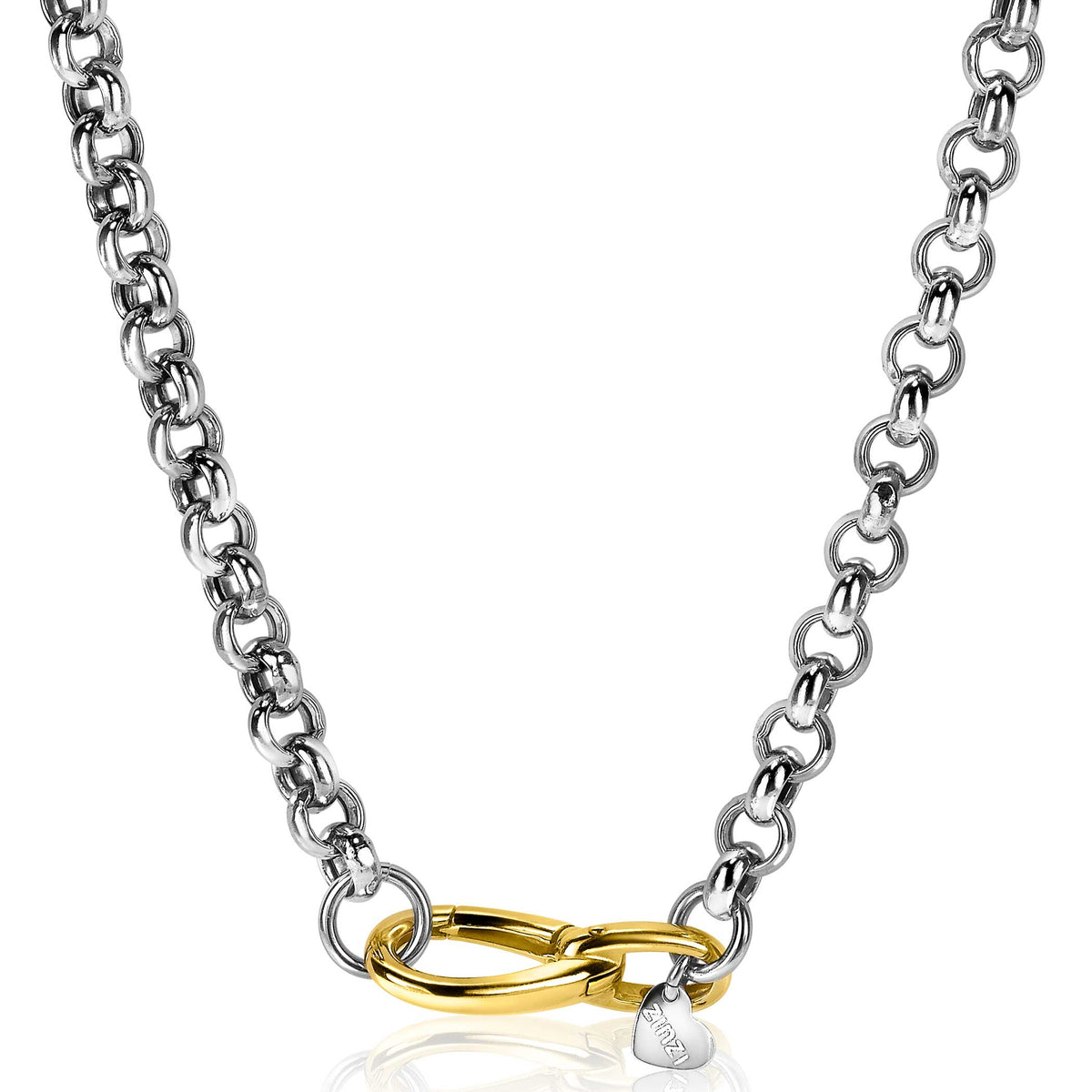 Collier en argent avec maillons ronds et un pendentif doré en forme de cœur.