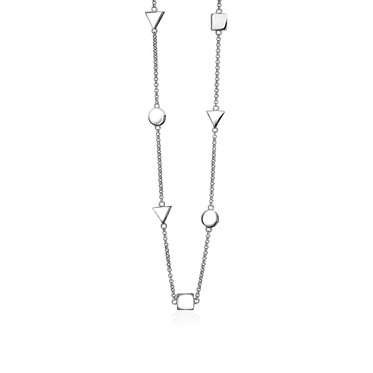 Collier en argent avec des formes géométriques alternées, incluant des cercles, des triangles et des carrés.