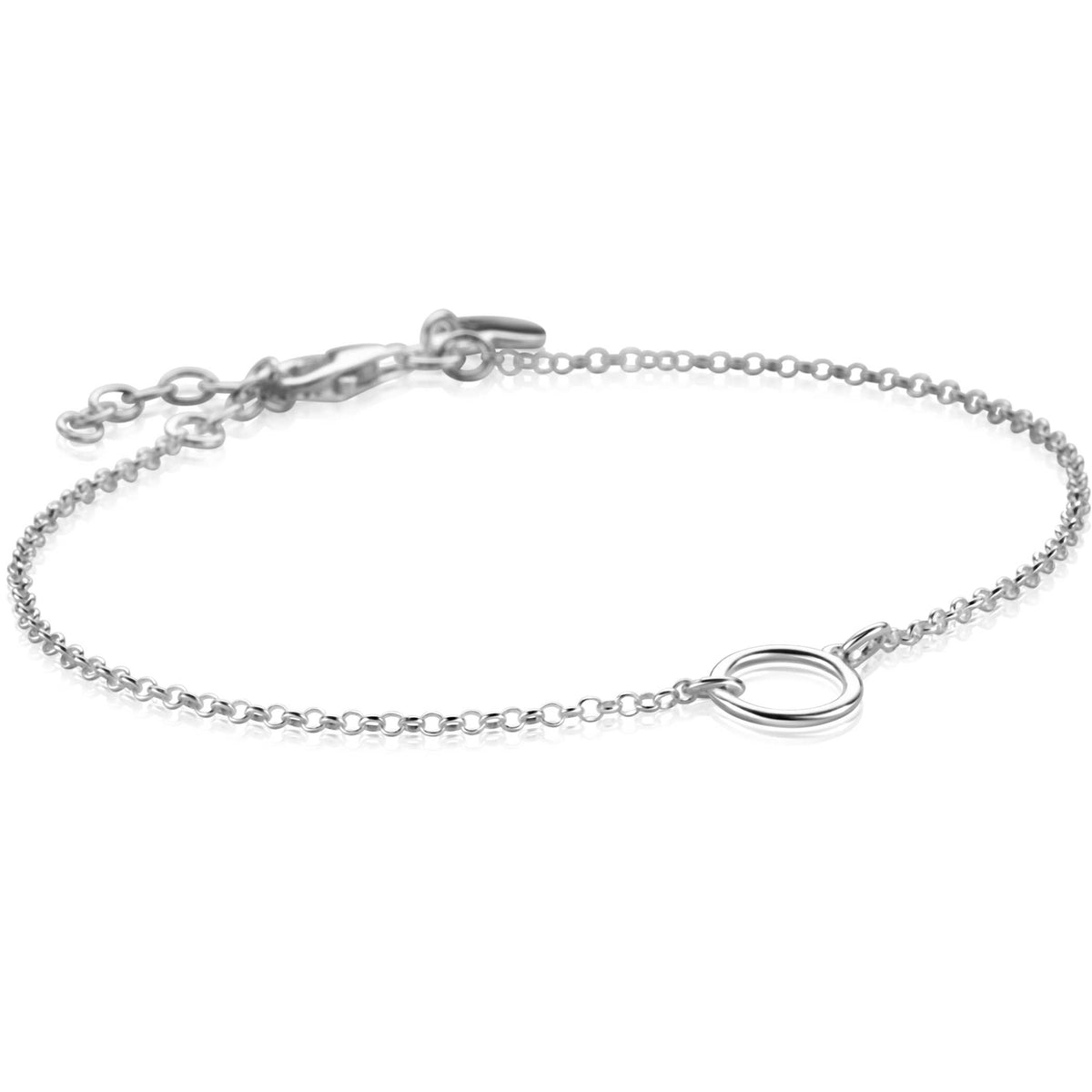 Zilveren armband met een delicate schakelstructuur en een ronde hanger.