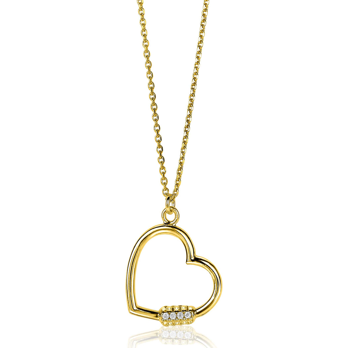 Collier doré avec pendentif en forme de cœur et pierres brillantes.