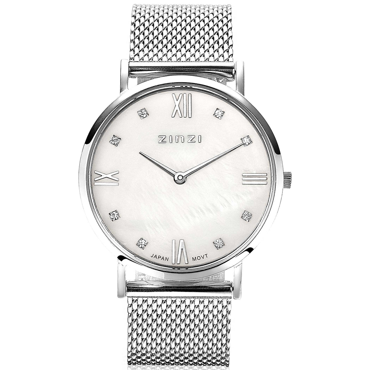 Montre en acier argenté avec un cadran blanc et des chiffres romains, bracelet en maille.