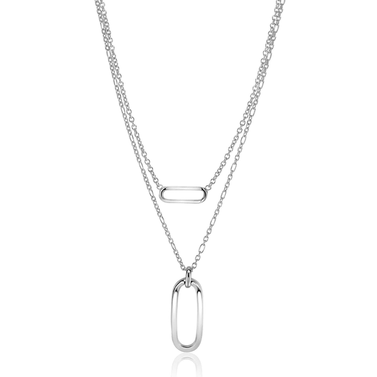 Collier en argent avec deux chaînes et pendentifs ovales.