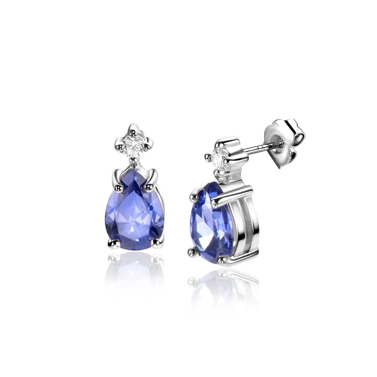 Boucles d'oreilles en argent avec une pierre en forme de poire violette et un petit zircon.