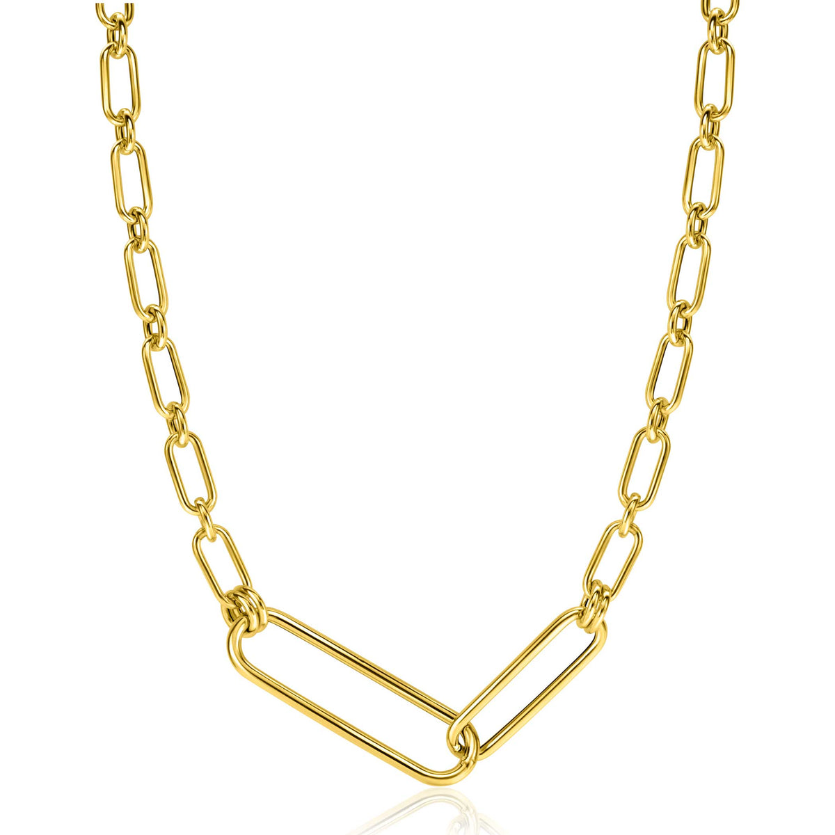 Collier en or avec maillons allongés et un détail en forme de V.
