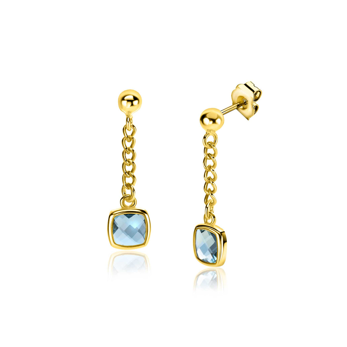 Boucles d'oreilles dorées avec pendentifs carrés en pierre bleue, suspendus par une chaîne.
