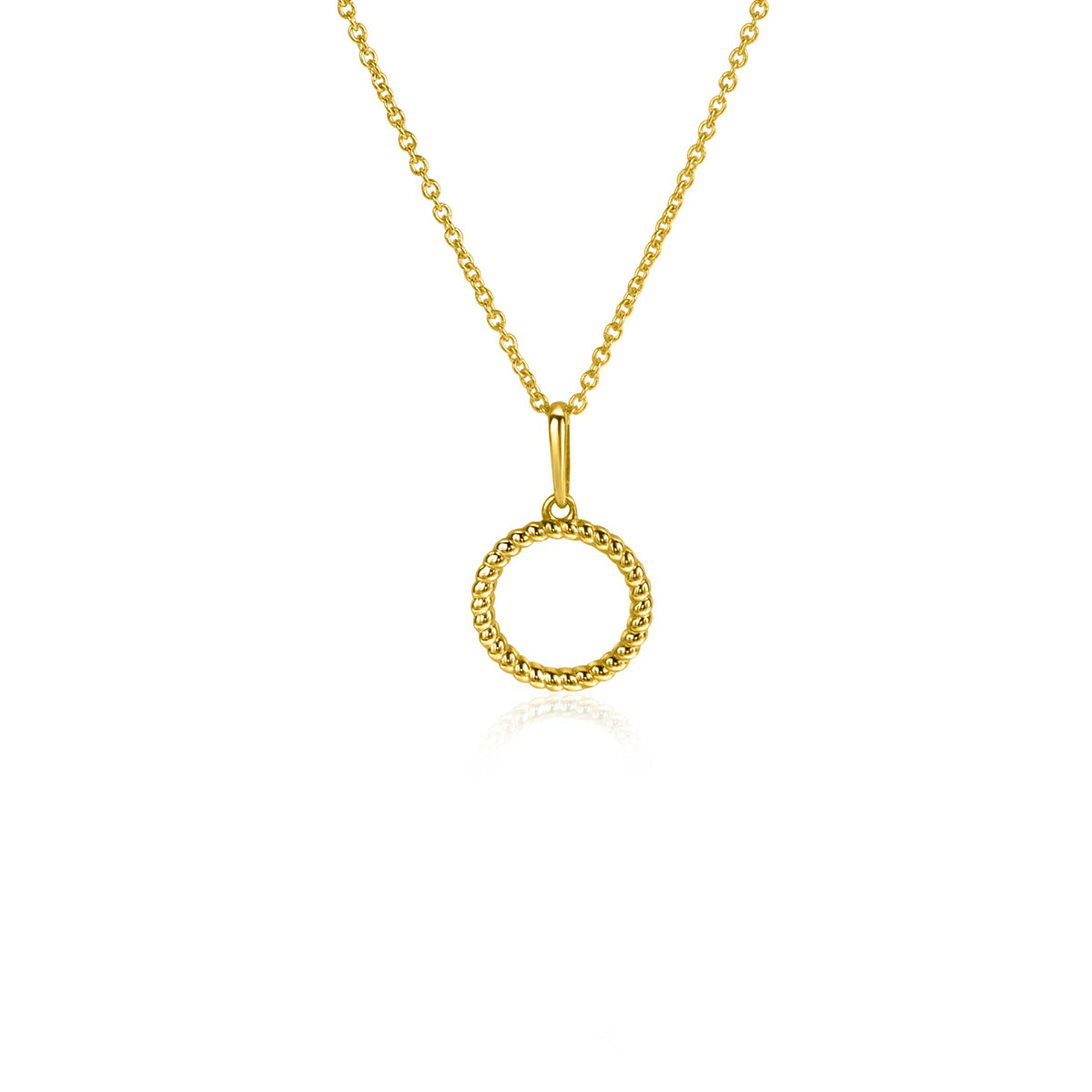 Pendentif doré en forme de cercle suspendu à une chaîne délicate.