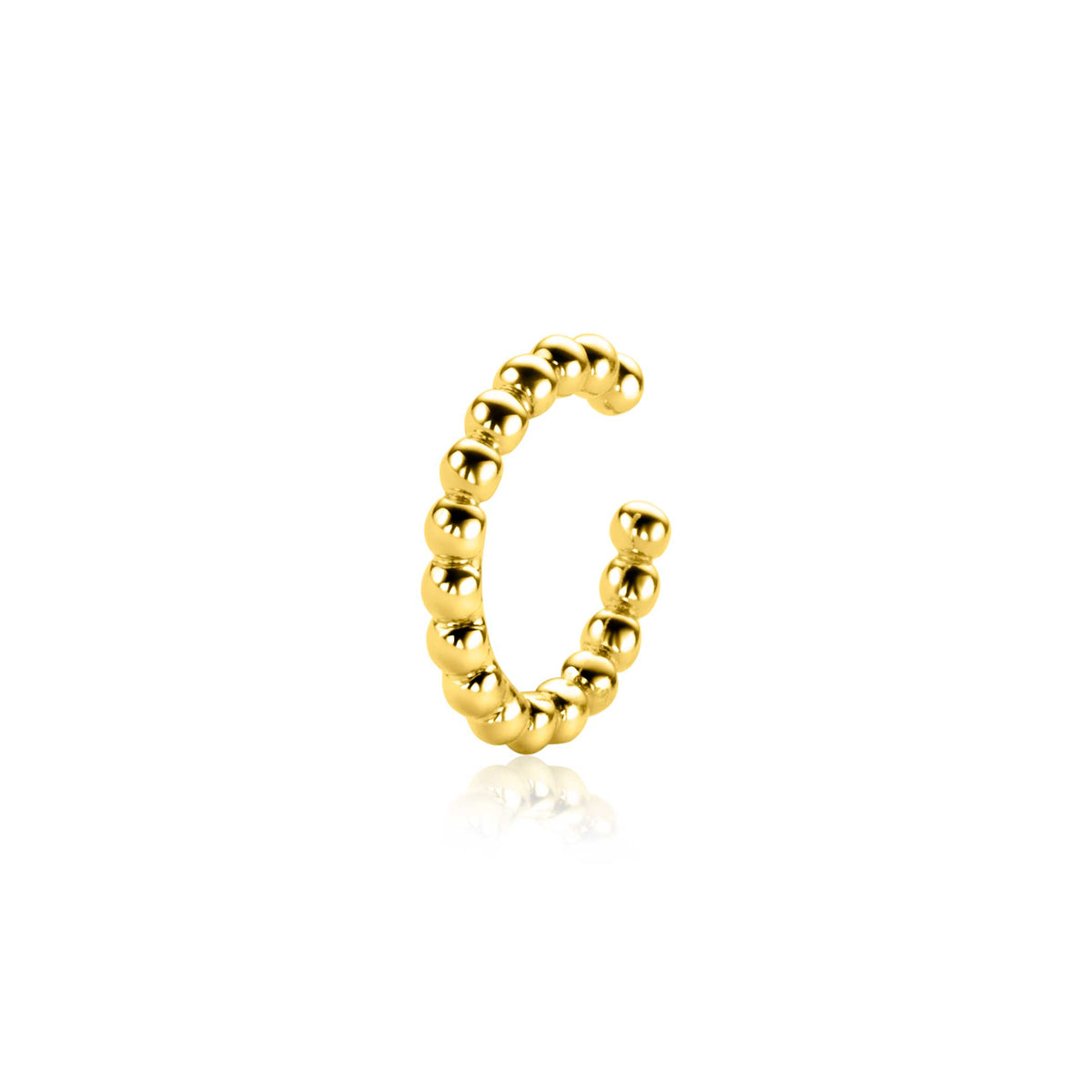 Boucle d'oreille dorée en forme de "G" avec des perles en relief.