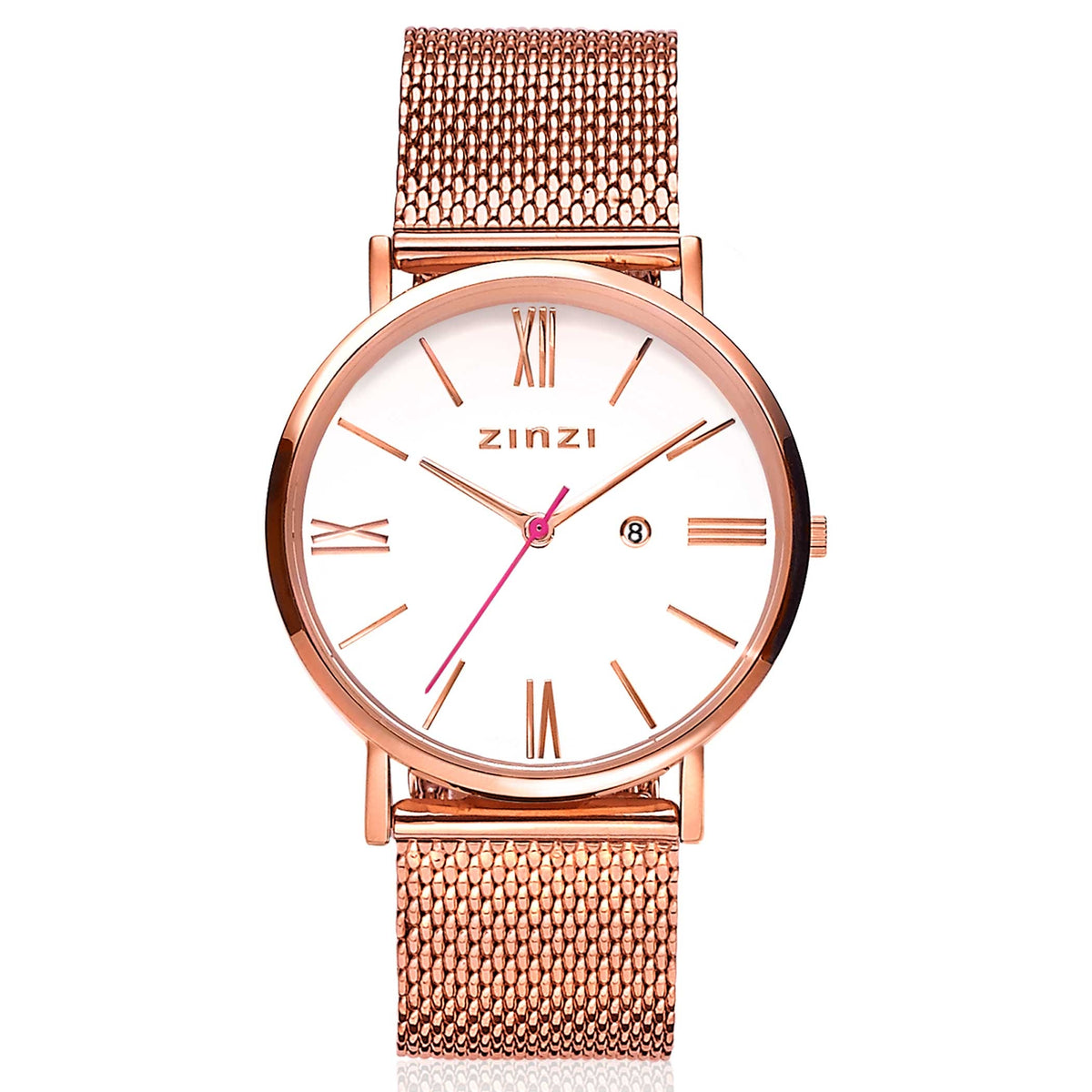 Montre en acier inoxydable doré rose avec un cadran blanc et des chiffres romains.