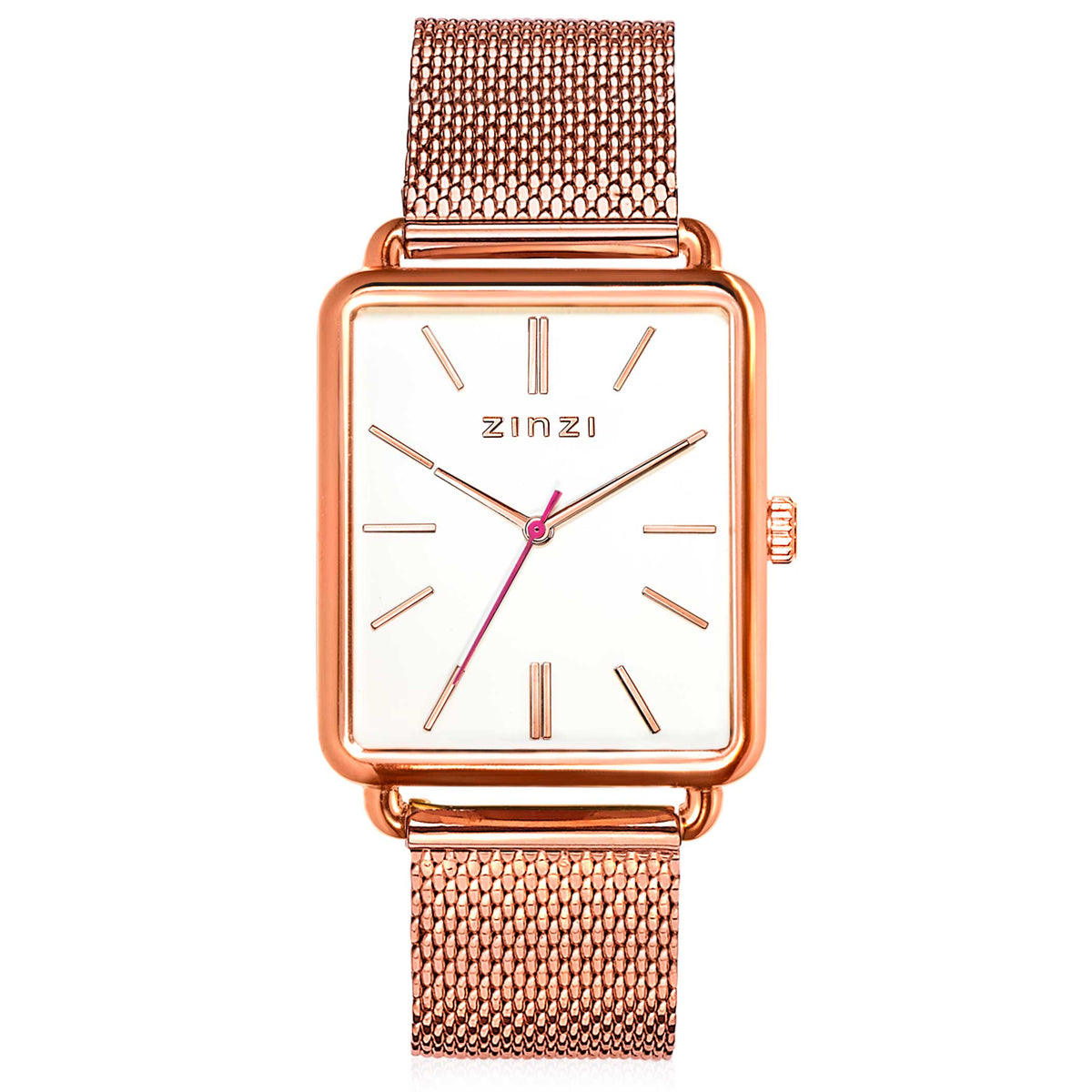 Montre en acier inoxydable couleur or rose avec un cadran blanc et un bracelet en maille.
