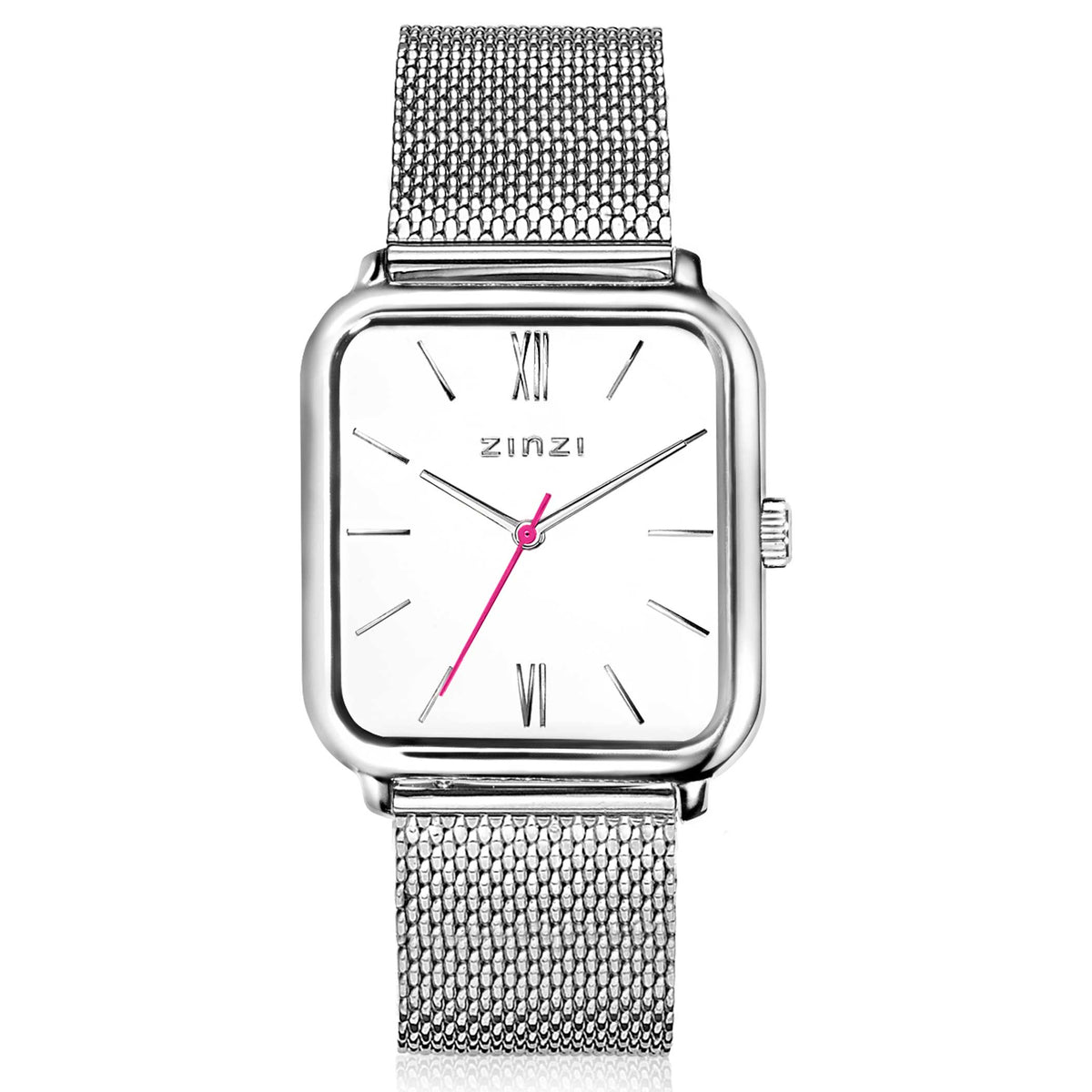 Montre en acier argenté avec cadran carré blanc, index romains et bracelet en maille.