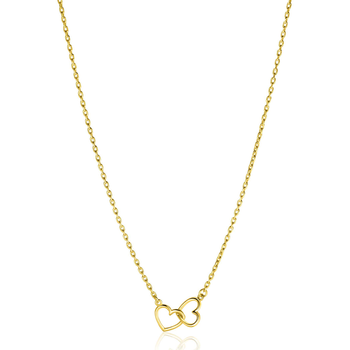 Collier doré avec deux cœurs entrelacés, chaîne délicate.