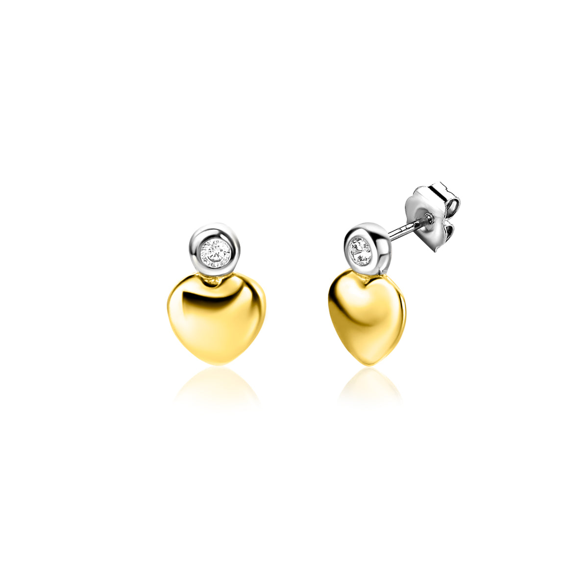 Boucles d'oreilles en cœur dorées avec un petit zircon au sommet.