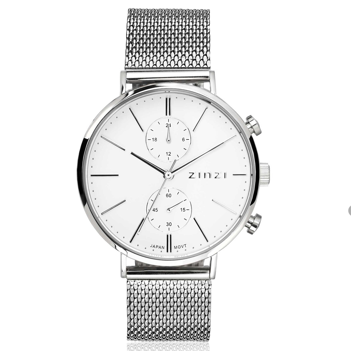 Montre en acier argenté avec cadran blanc et trois sous-cadrans.