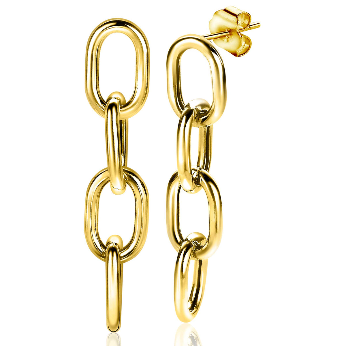 Boucles d'oreilles dorées en forme de maillons, avec un design allongé et moderne.