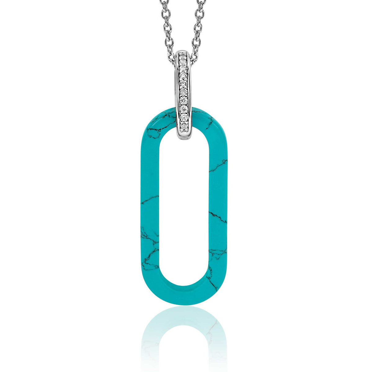 Pendentif en argent avec une pierre turquoise en forme de rectangle, orné d'un détail brillant.