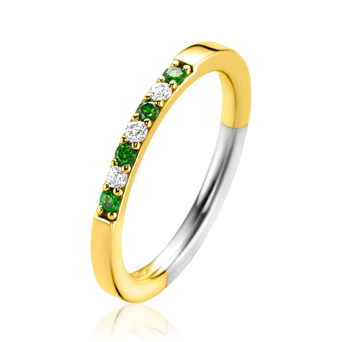 Bague dorée avec des pierres vertes et blanches, finition brillante.