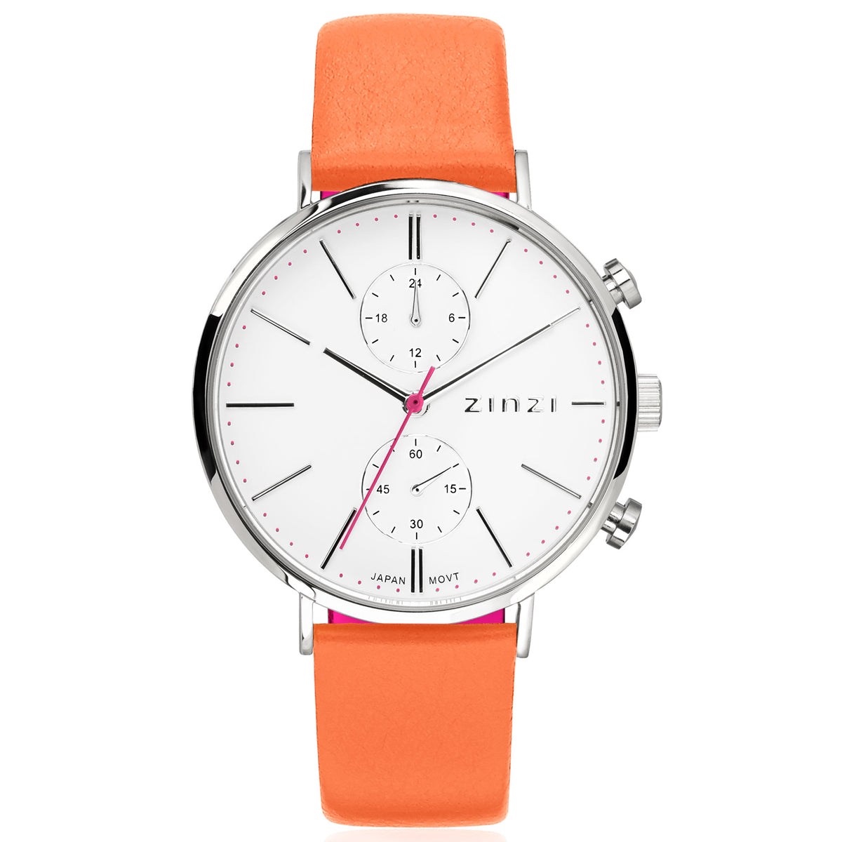 Montre en acier argenté avec cadran blanc, bracelet en cuir orange et détails chronographe.