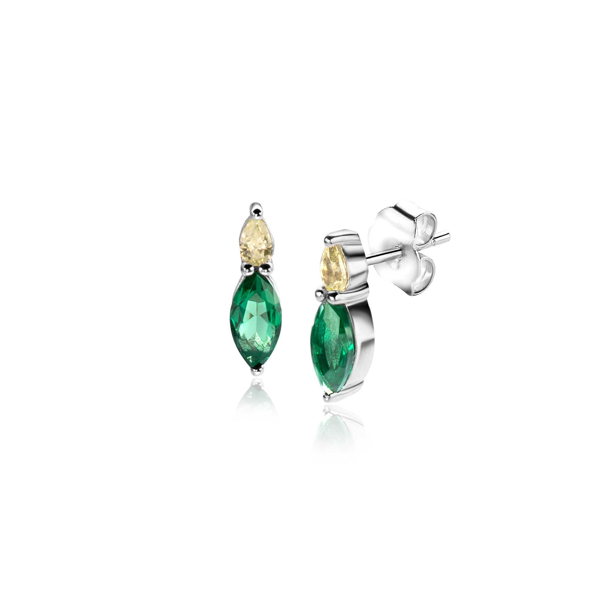 Boucles d'oreilles en argent avec pierres vertes et jaunes, forme marquise.