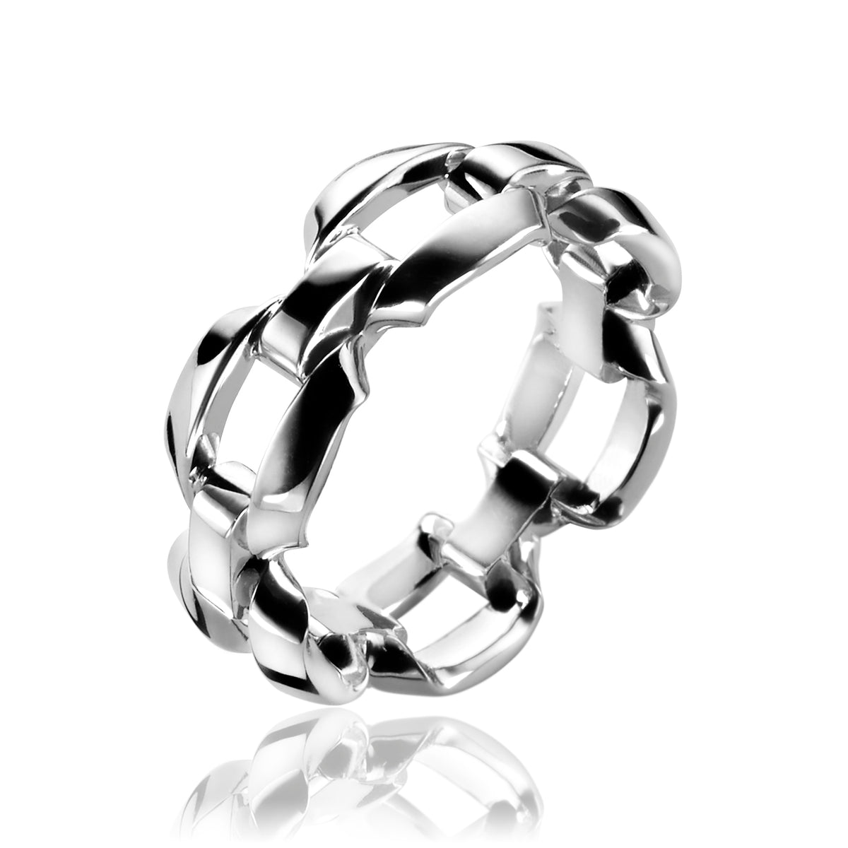 bague en argent avec maillons entrelacés et finition brillante