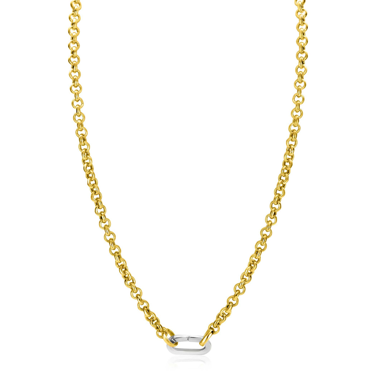 Collier doré avec maillons ovales et un élément central en argent.