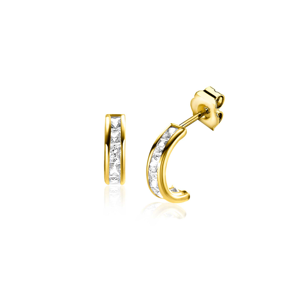 Boucles d'oreilles en or avec des pierres brillantes, de forme courbée et élégante.