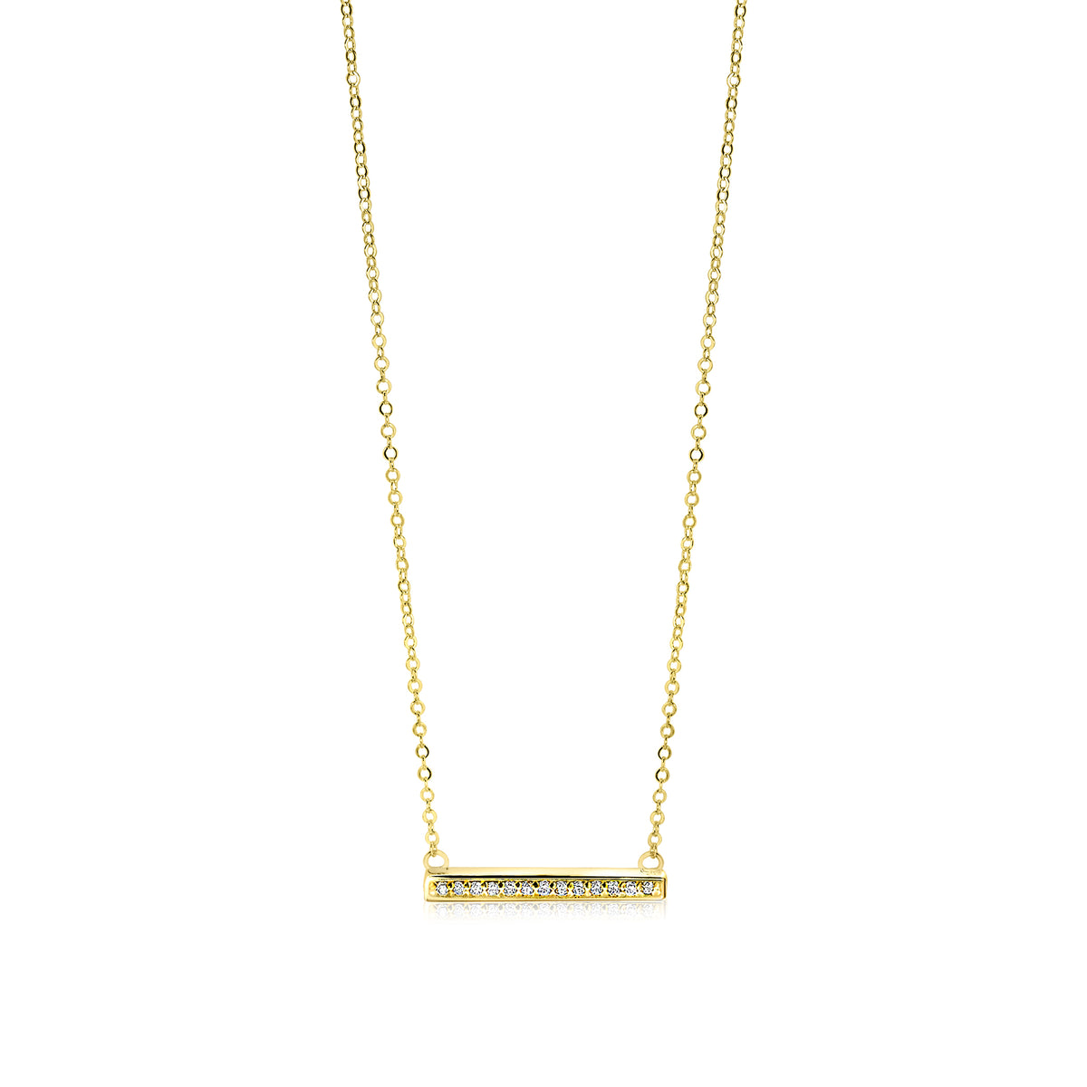 Collier en or avec une barre horizontale ornée de pierres brillantes.