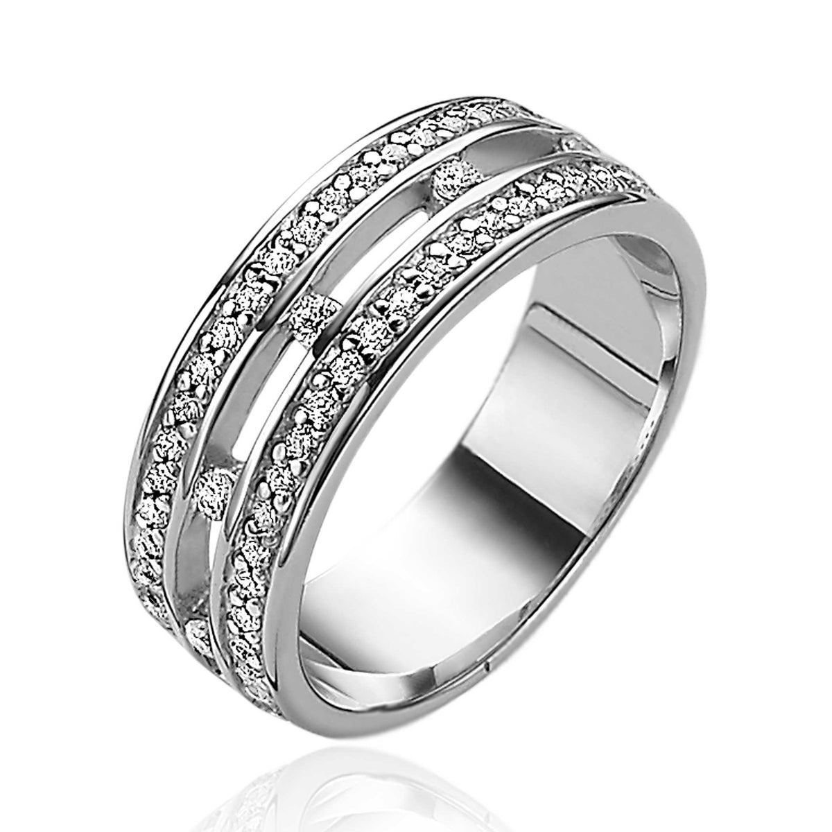 Bague en argent avec deux bandes de zircons brillants.