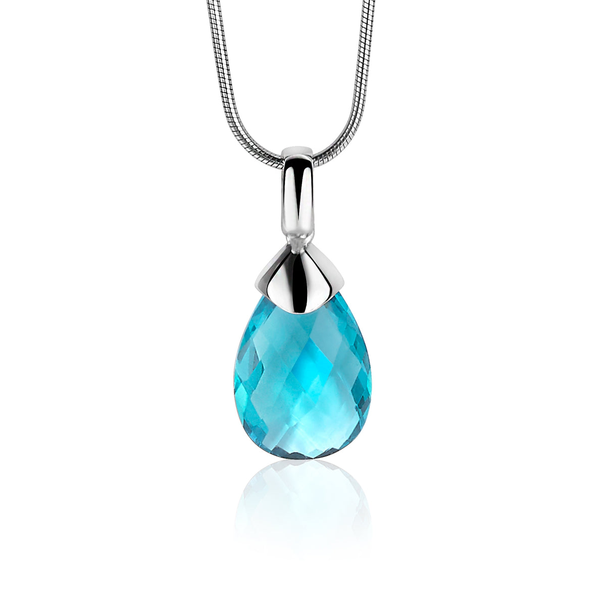 Pendentif en argent avec une pierre en forme de goutte, taillée, de couleur bleu clair.