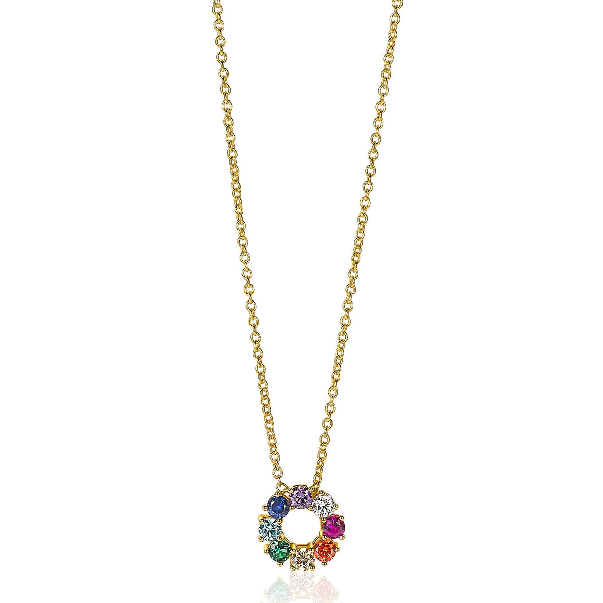 Collier doré avec un pendentif en forme de cercle orné de pierres multicolores.