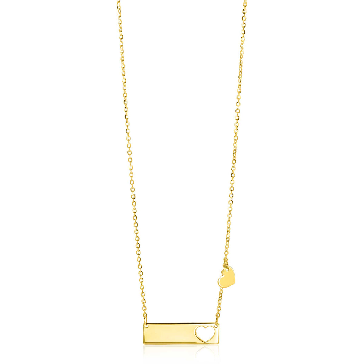 Collier doré avec un pendentif rectangulaire et un petit cœur.