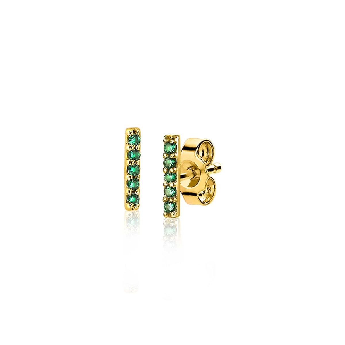 Boucles d'oreilles dorées avec des pierres vertes en rangées.