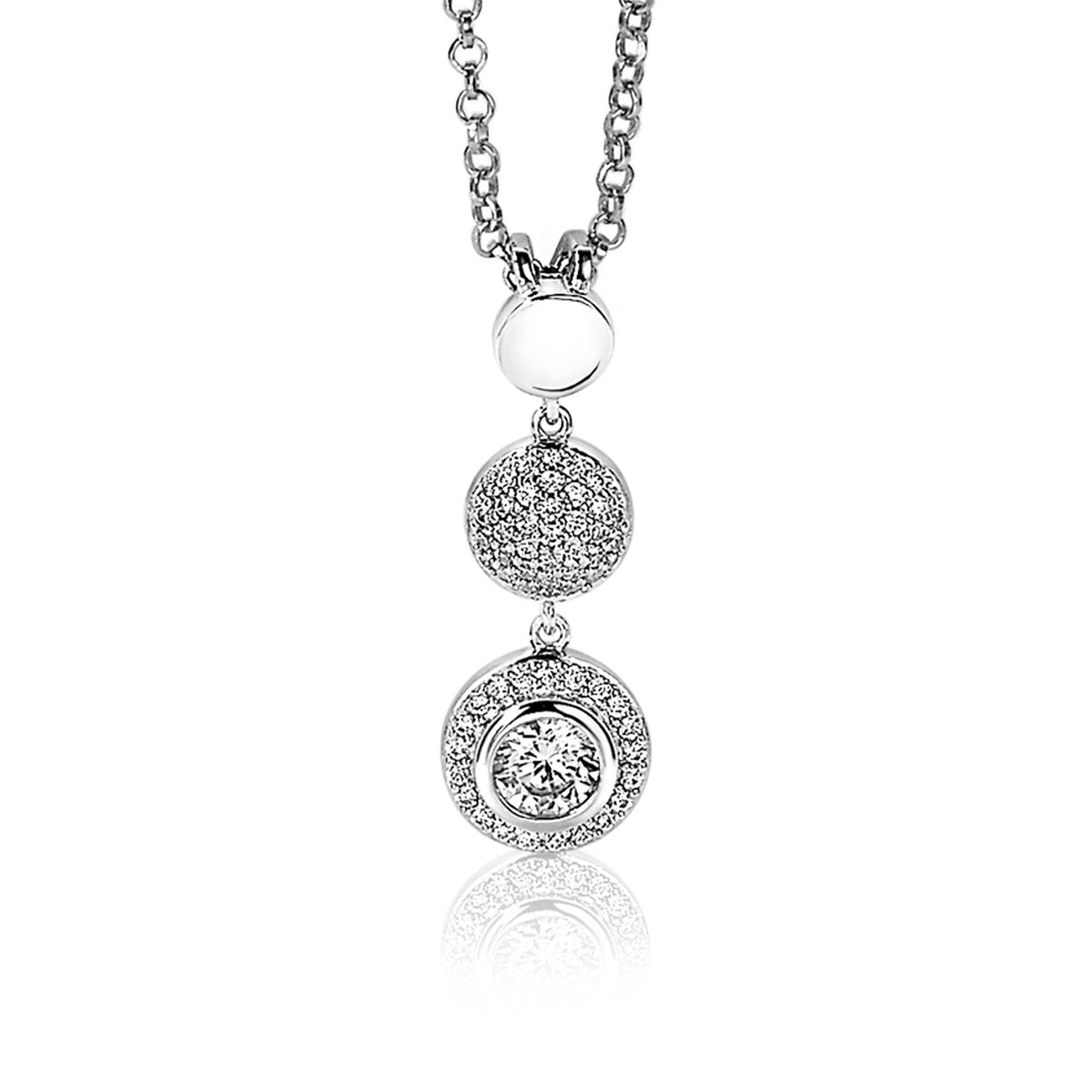 Pendentif en argent avec deux disques sertis de pierres brillantes.