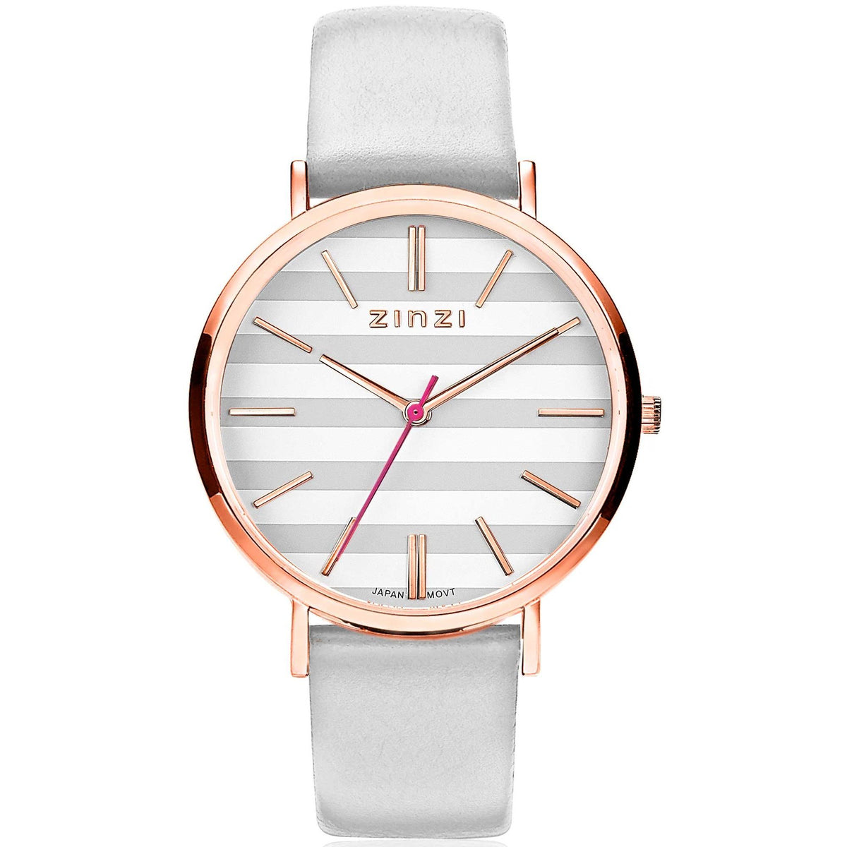 Montre en acier inoxydable doré rose avec un cadran à rayures blanches et un bracelet en cuir gris.