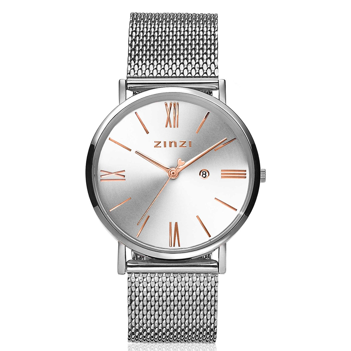 Montre en acier argenté avec cadran argenté et index romains, bracelet en maille.