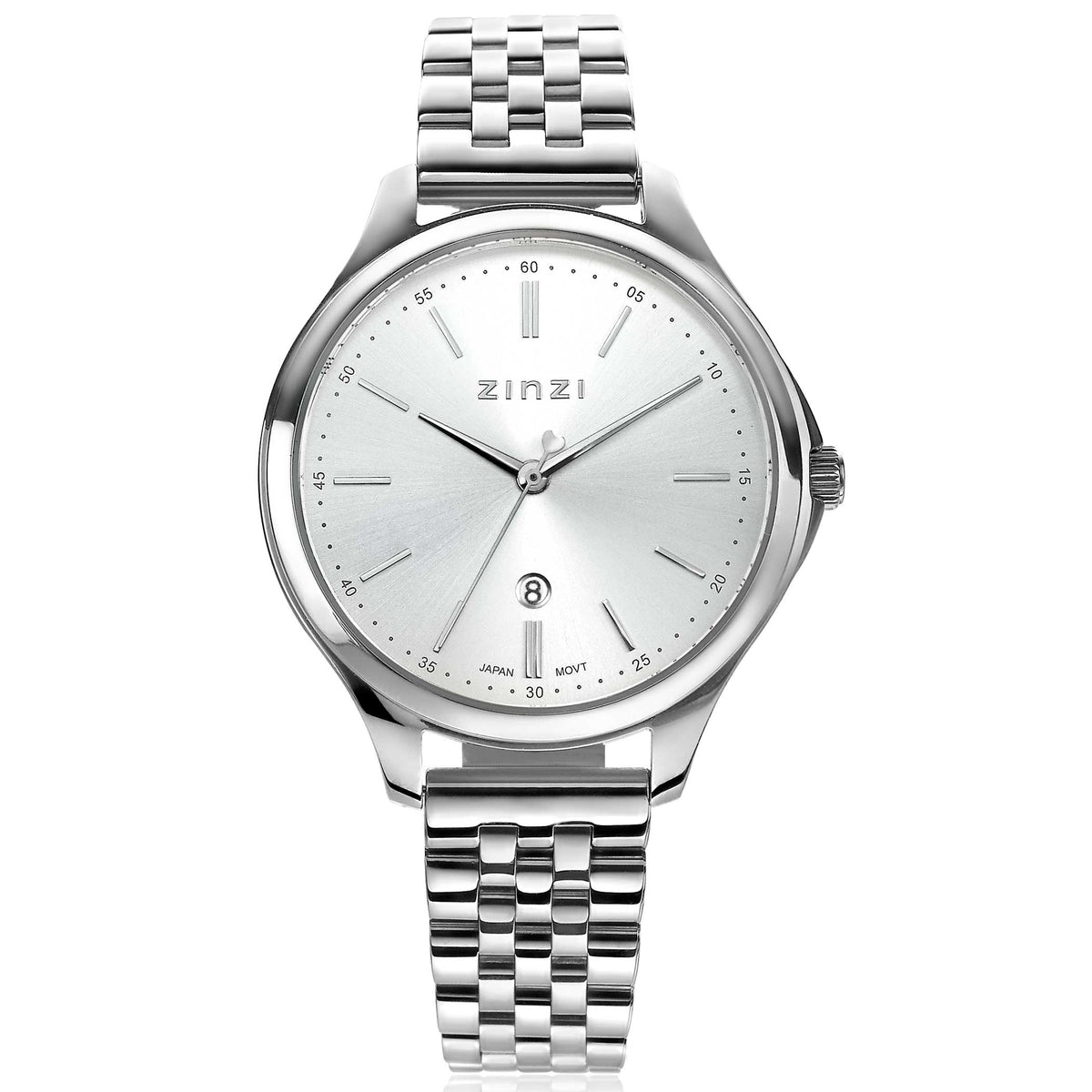Montre en acier argenté avec un cadran argenté et un bracelet à maillons.