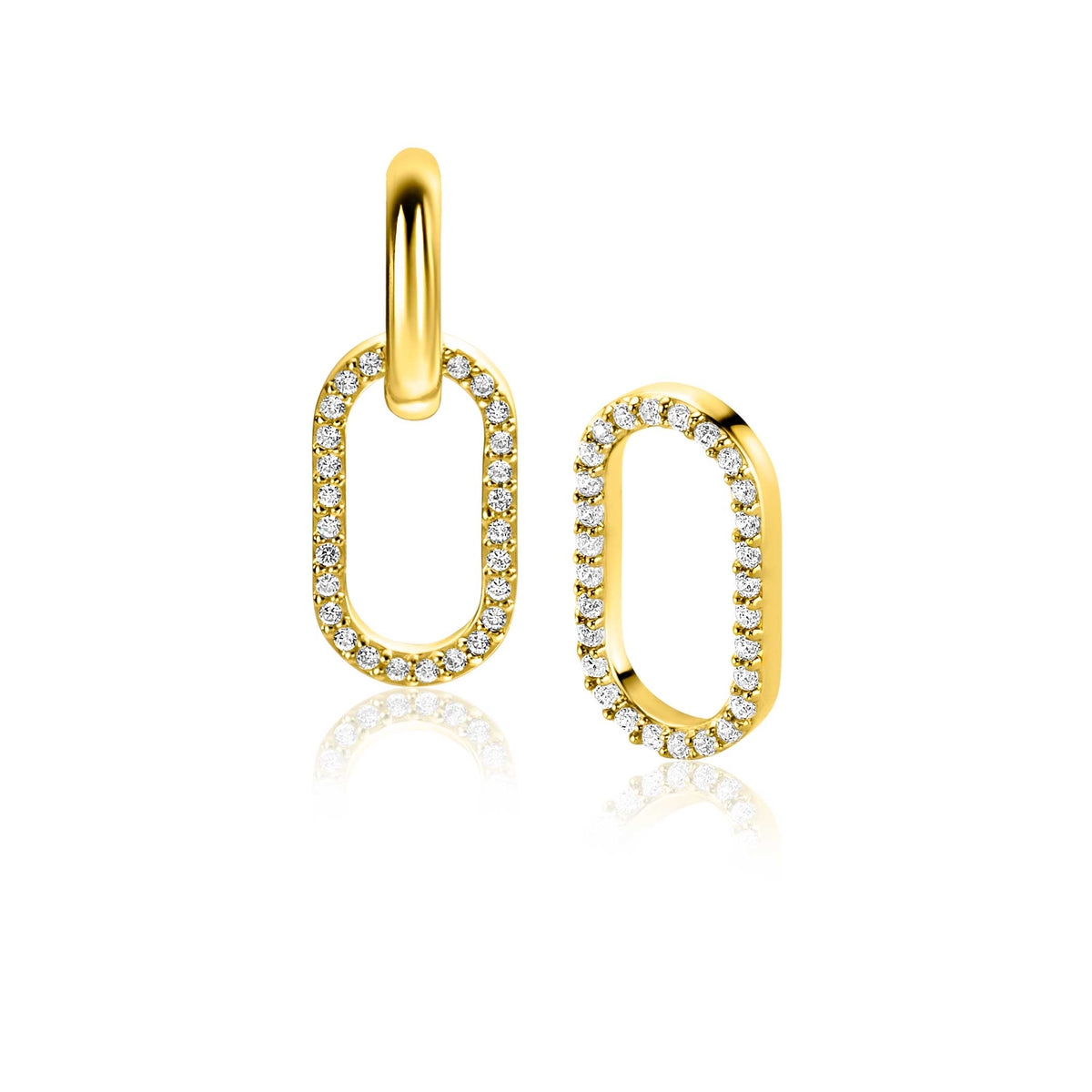 Boucles d'oreilles dorées en forme d'ovale avec des zircons scintillants.