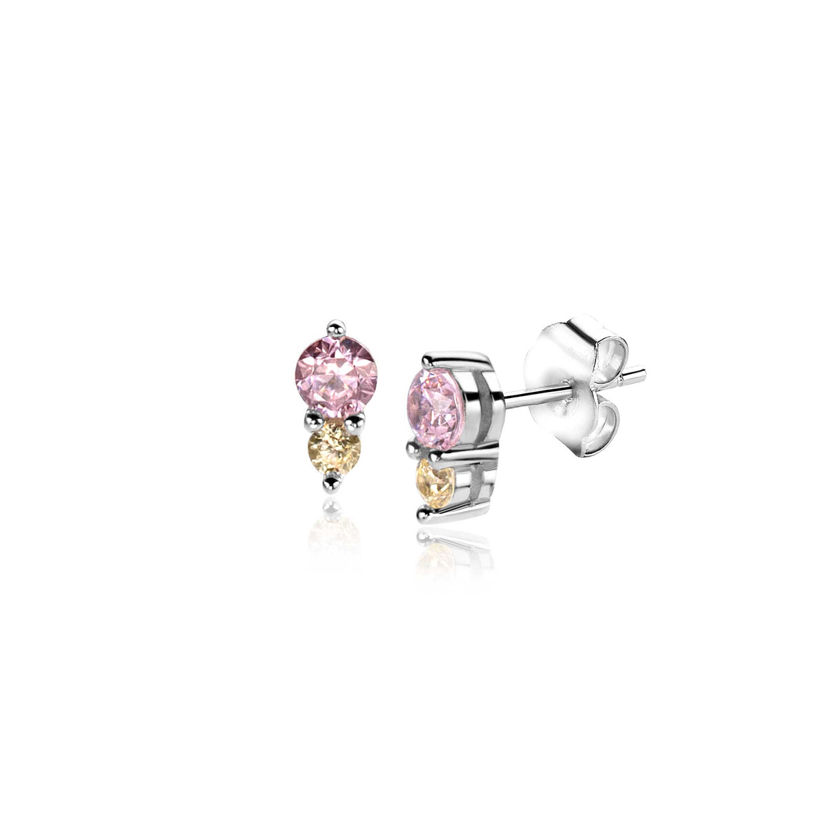Boucles d'oreilles en argent avec pierres roses et jaunes.