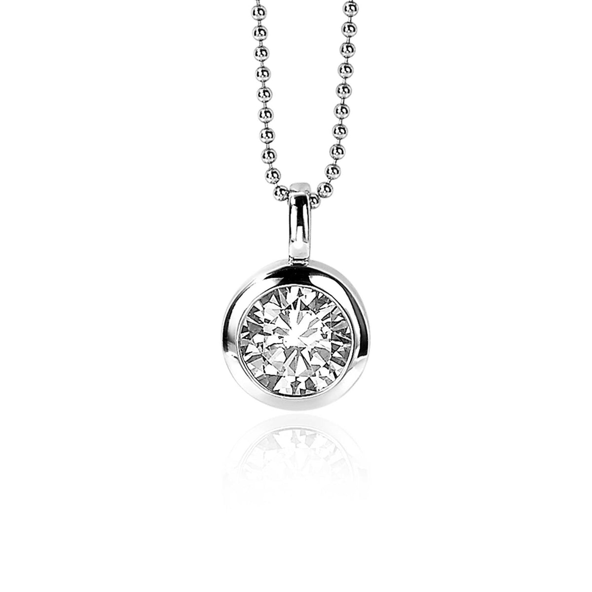 Pendentif en argent avec un cristal transparent, suspendu à une chaîne à billes.