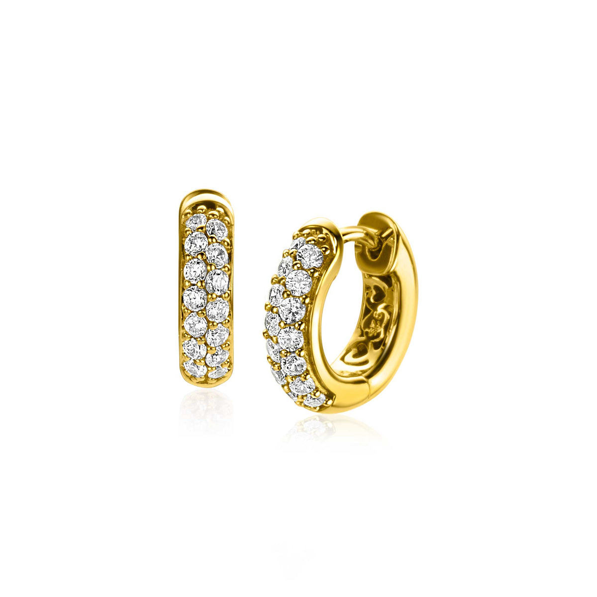 Boucles d'oreilles dorées ornées de cristaux brillants, en forme de demi-cercle et de barre.