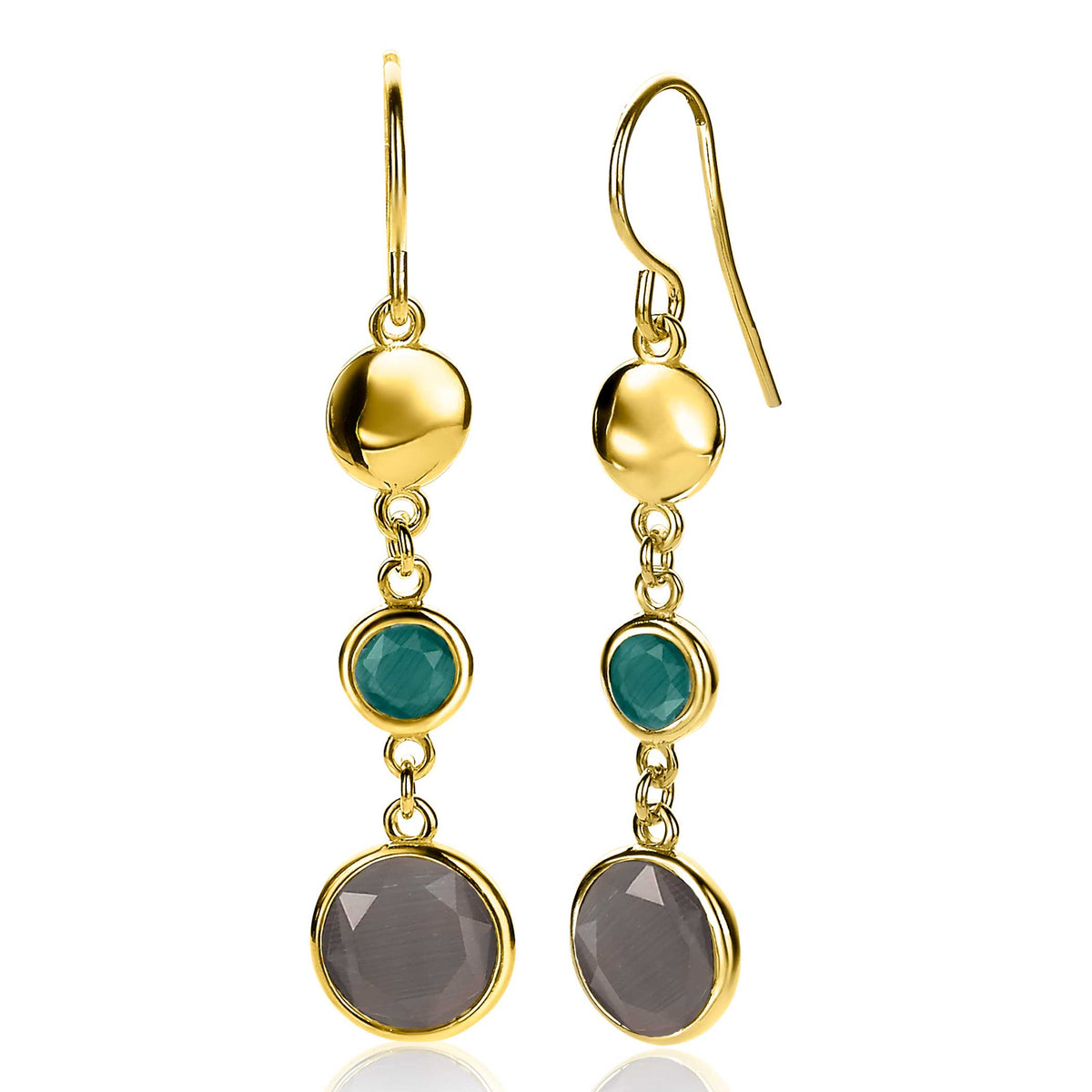 Boucles d'oreilles dorées avec des pierres rondes et facettées en vert et gris.